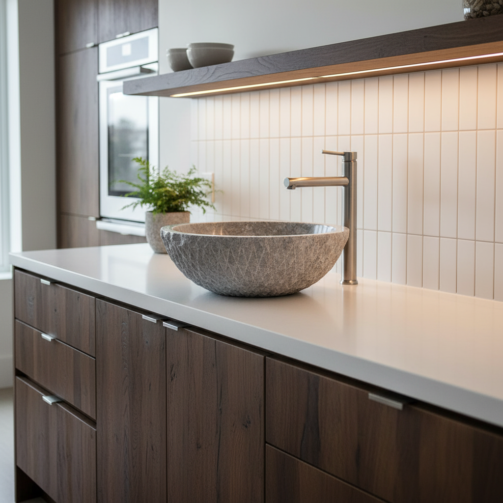 Taupe Grey, Round Marble Stone Vessel Sink Textured