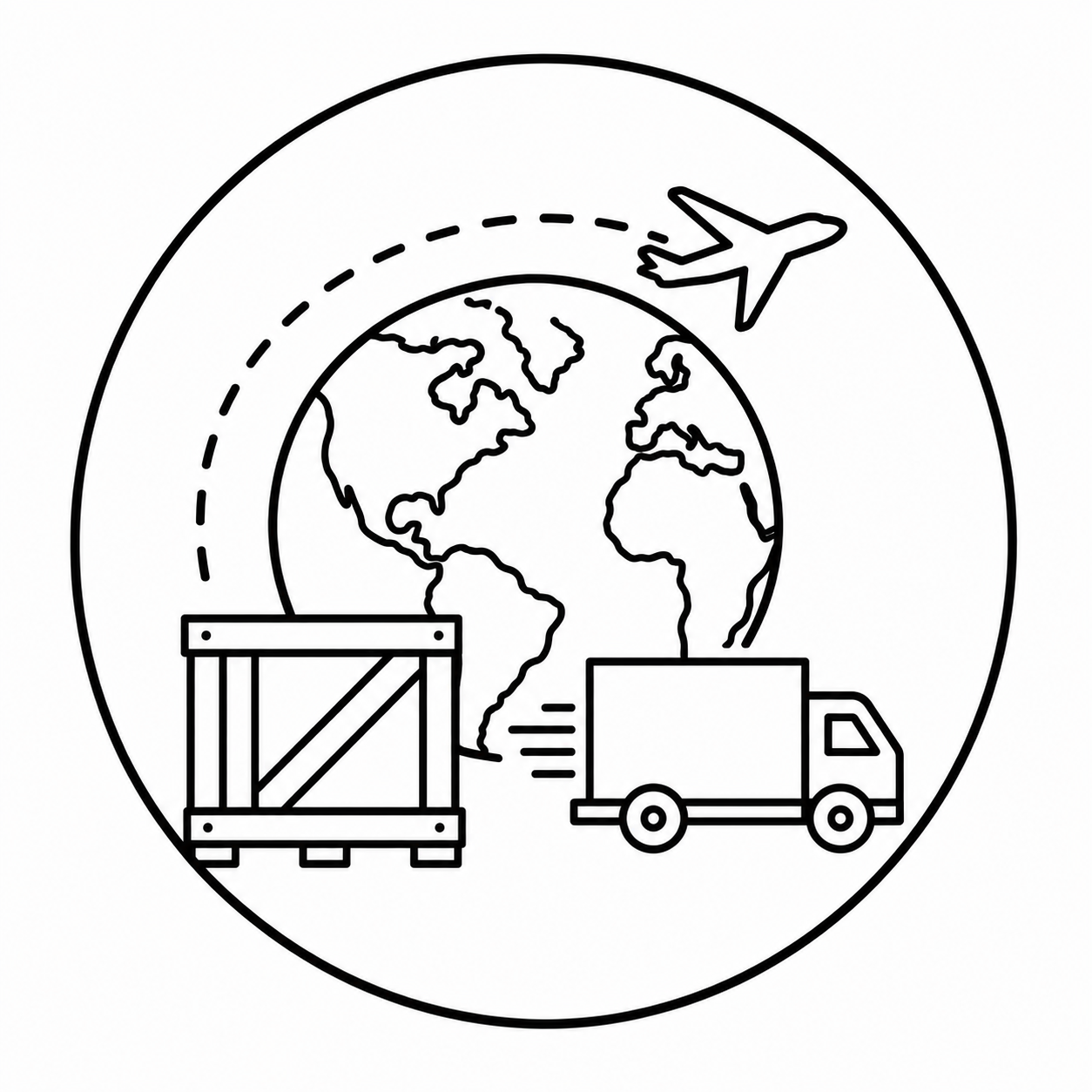 Line drawing of the Earth with an airplane flying around it, a delivery truck, a crate, and curved lines indicating movement.