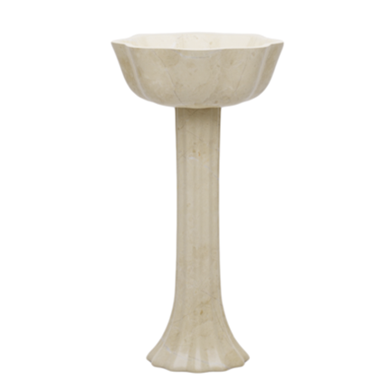 Elegant marble birdbath with a bowl-shaped top and a fluted pedestal base.