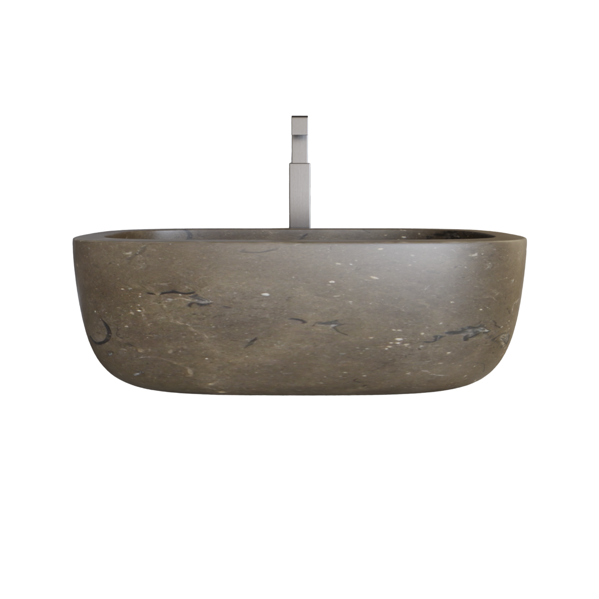 Modern bathroom sink with a tall, sleek, metallic faucet and a circular stone basin