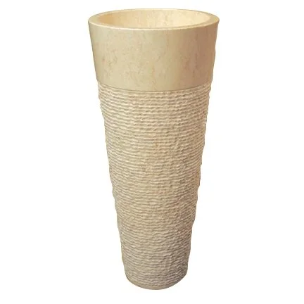 A tall beige vase with a textured, ridged lower half and a smooth upper half.