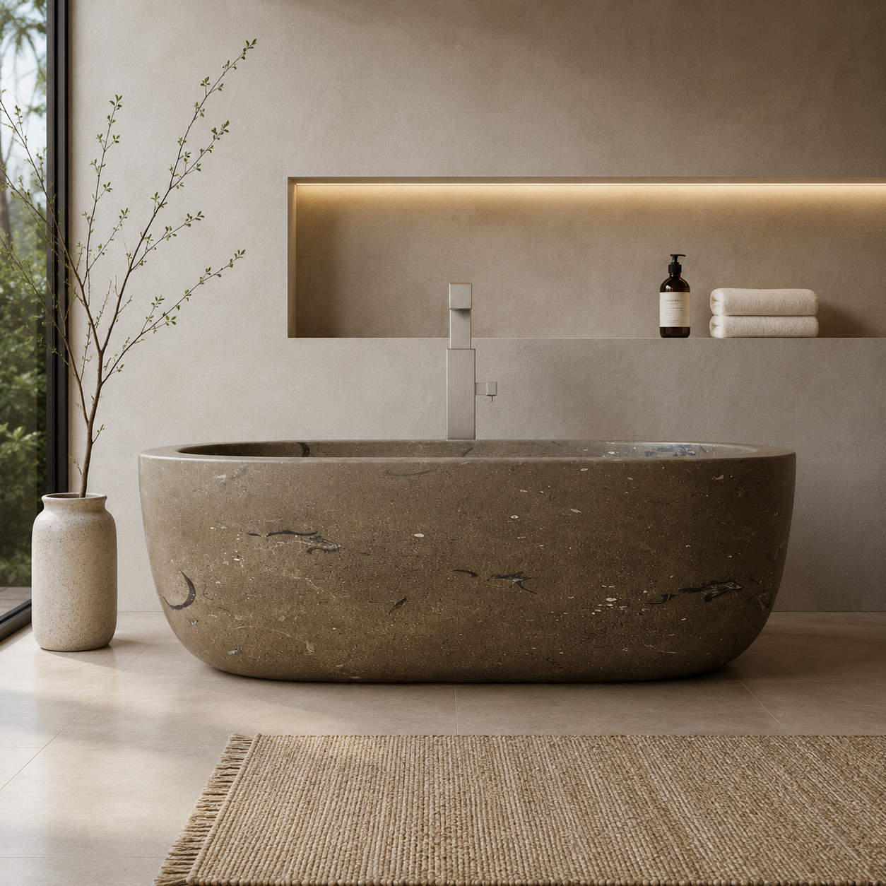 Modern bathroom with a freestanding stone bathtub, a potted plant in a vase, a built-in wall shelf with a bottle of soap and rolled towels, a large window with greenery outside, and a beige rug on the floor.