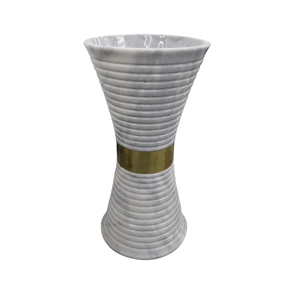A white ceramic vase with a wide top, narrow middle, and wide base, featuring a horizontal gold band around its middle and a ribbed texture.
