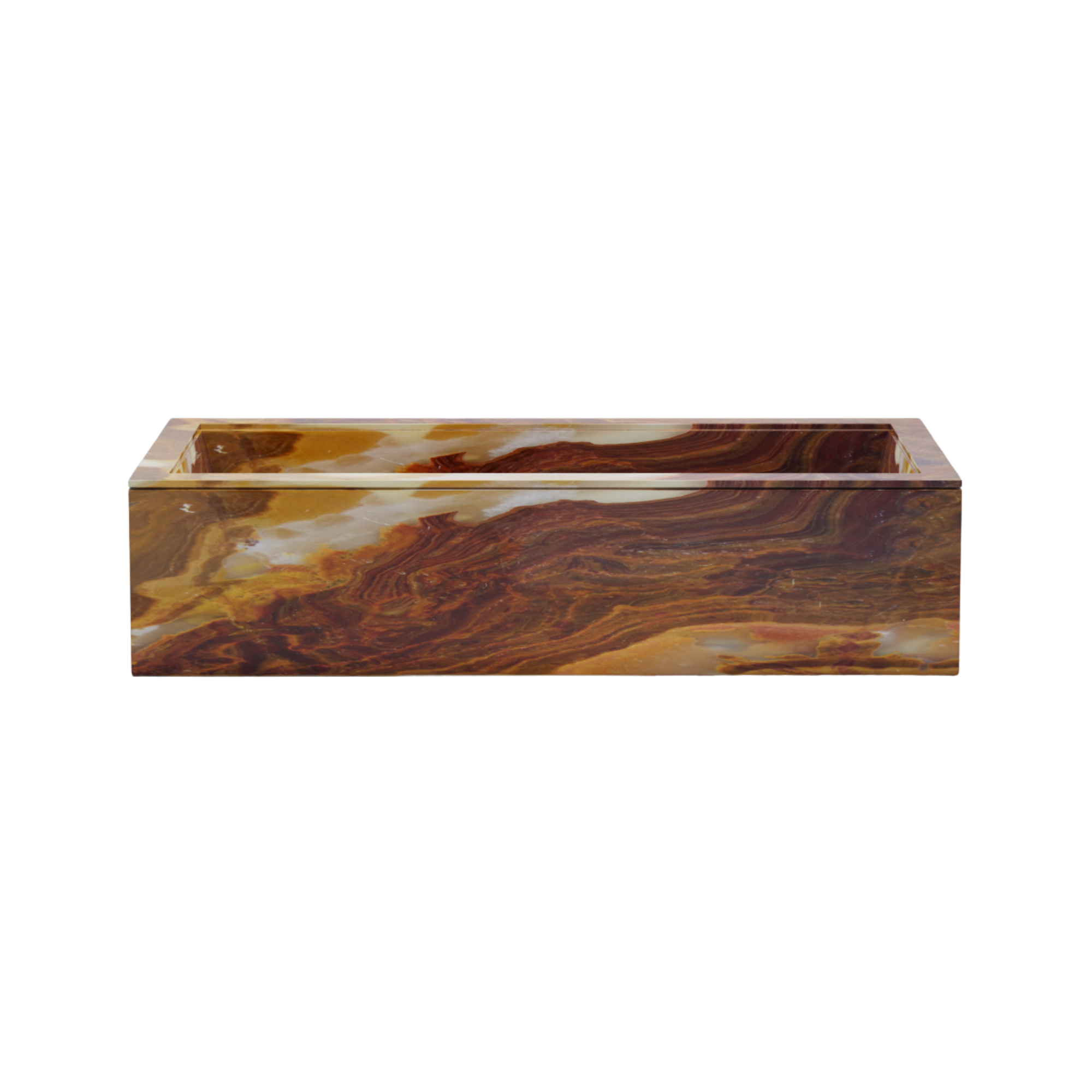 A rectangular wooden box or tray with a marbled pattern in shades of brown, tan, and cream.