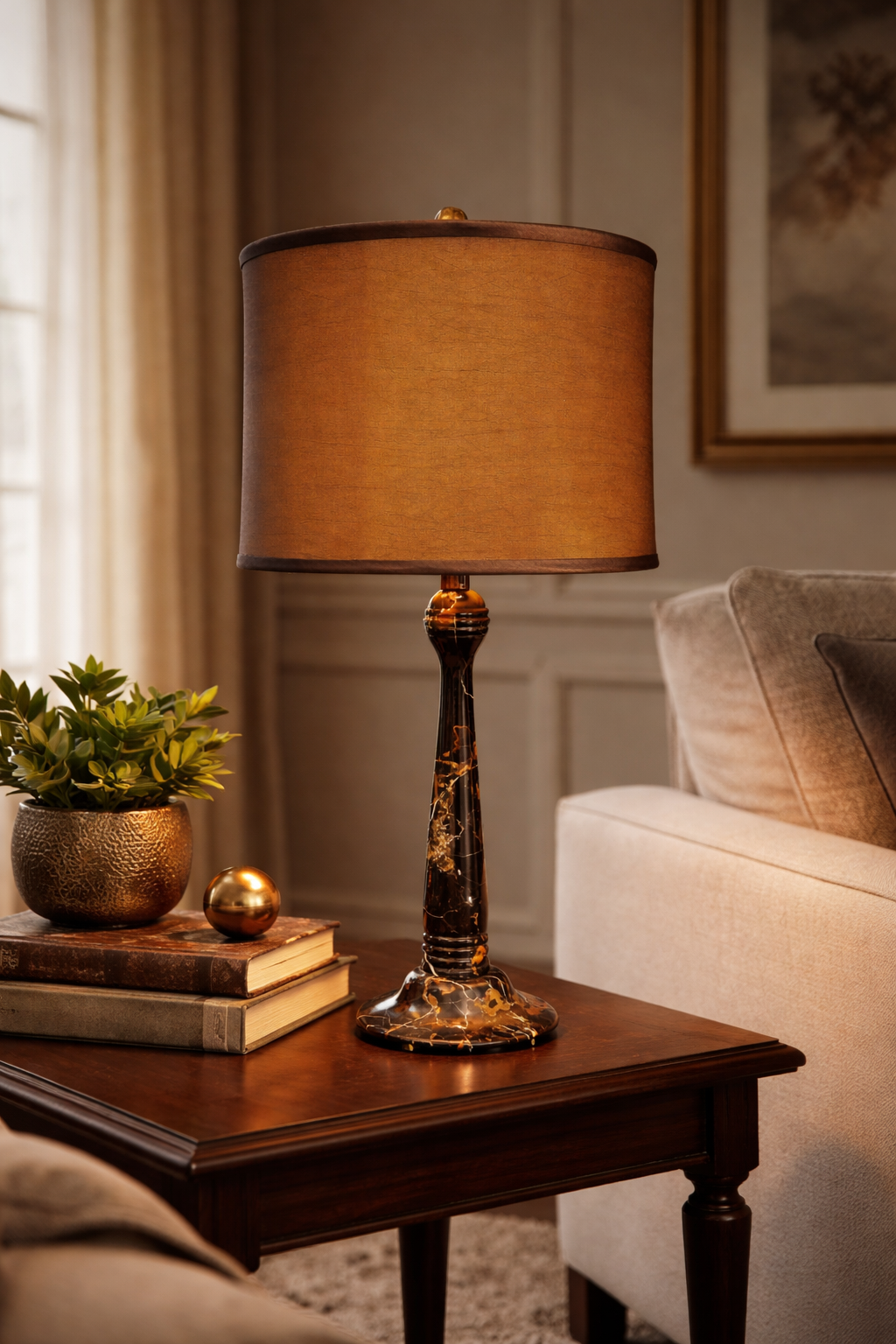 31" Tall Marble Table Lamp "Audalusia", Black and Brown