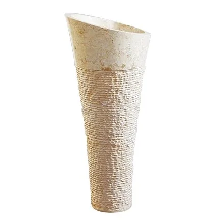 A tall, textured beige ceramic vase with a narrow base that widens at the top.