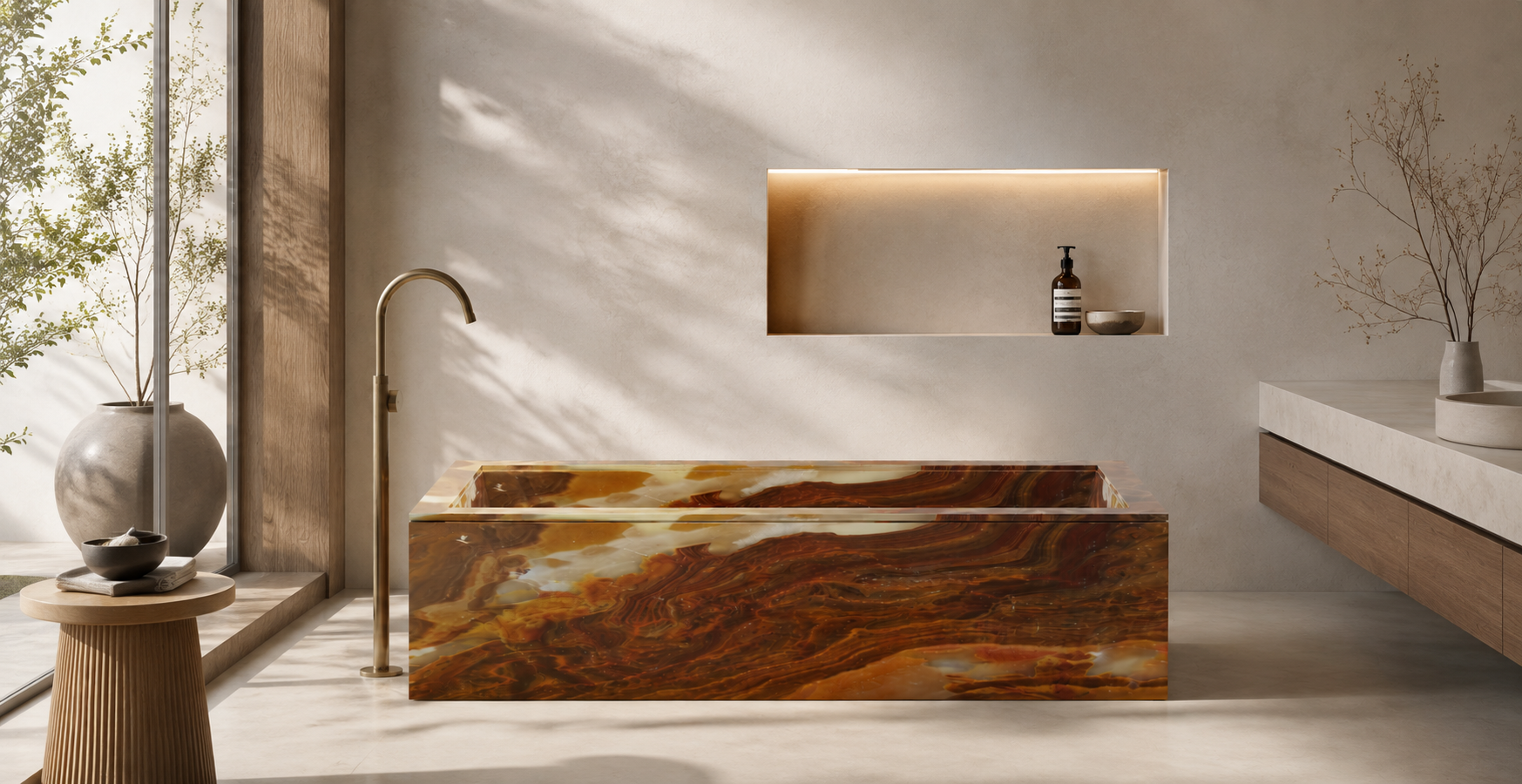 Modern bathroom with a marble bathtub featuring warm earth tones, a gold faucet, and natural decor including a large vase with branches, a small round table with bowls, and a double-sink vanity with a minimalist design.