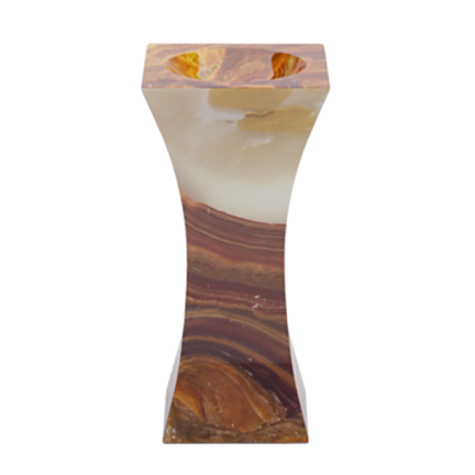 A vase with a marbled, swirling pattern in shades of brown, beige, and cream.