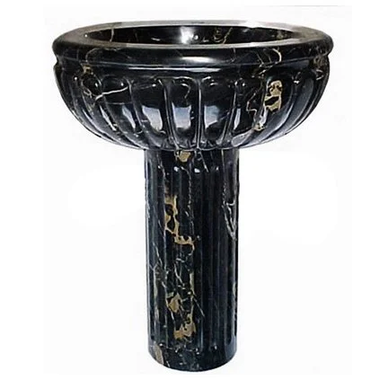 A black marble fountain with a rounded basin and a pedestal base.