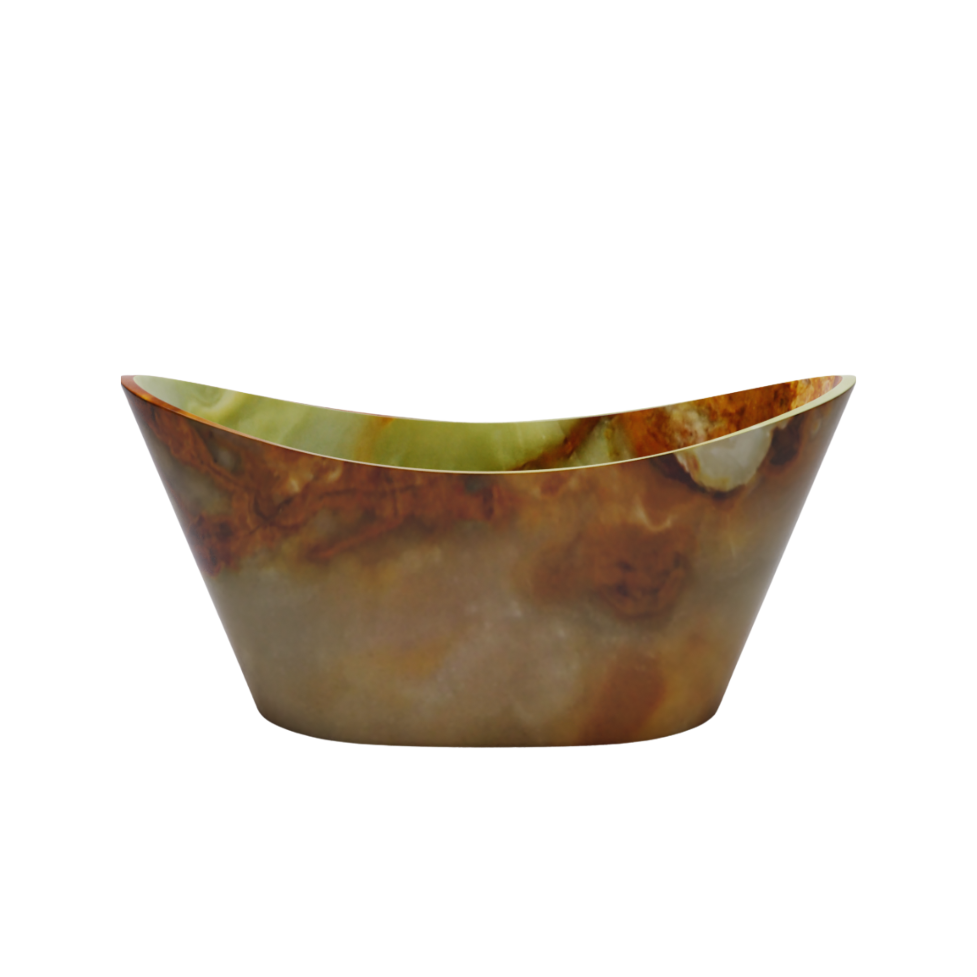 A marble bowl with brown, green, and beige colors.