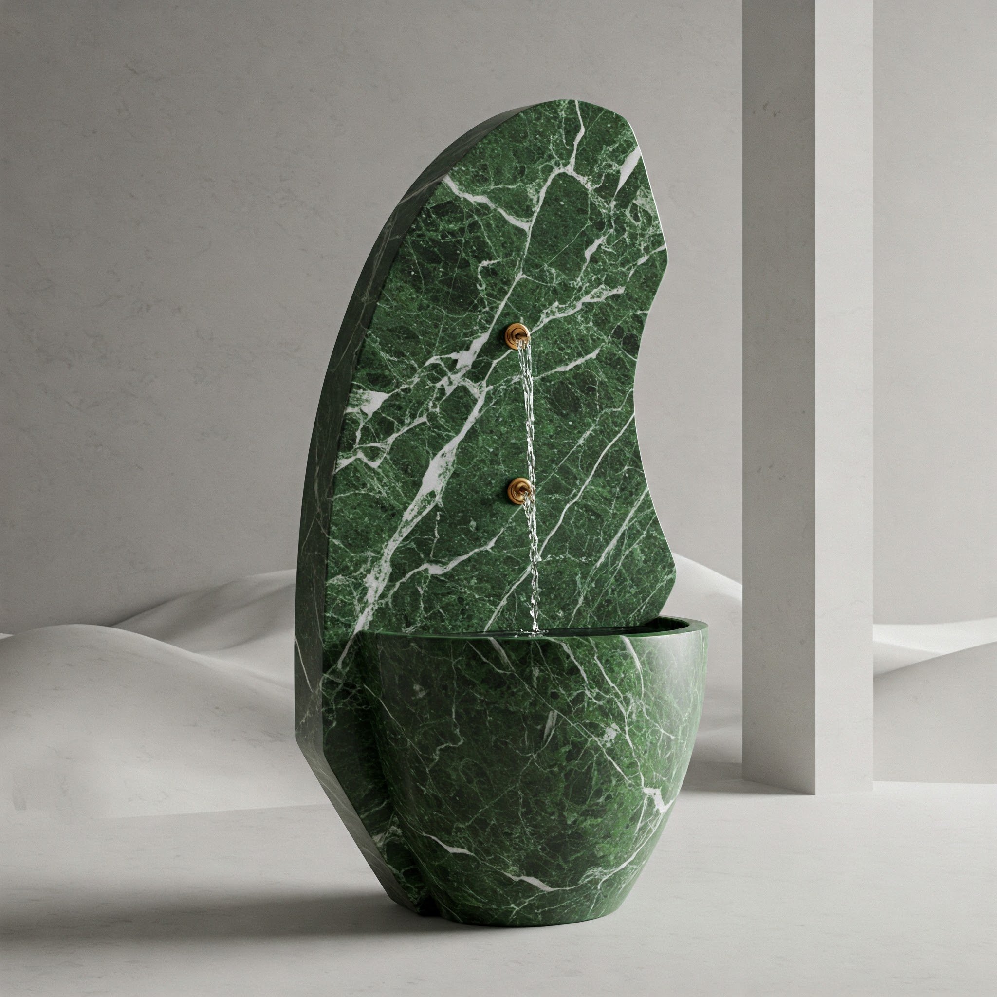 Green marble water fountain with water flowing from a brass spout, set against a plain gray wall.