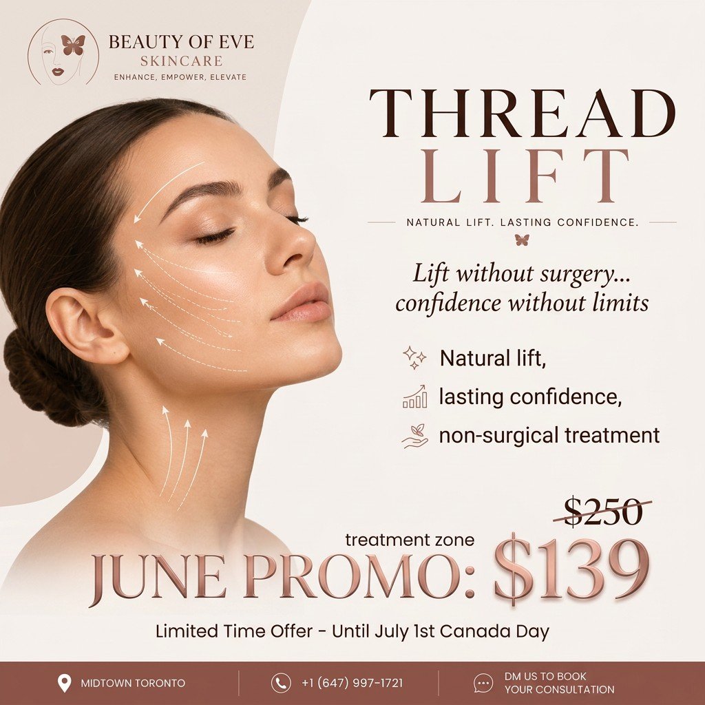 🌟 Unlock Your Natural Glow-Up!
Thread Lift: Look Younger. Feel Confident. No Surgery Needed.
Turn back time with a subtle, beautiful lift that lasts.
June Promo
(Limited Offer &ndash; Ends July 1st!)
📍 Midtown Toronto
📞 +1 (647) 997-1721
💌 DM us 