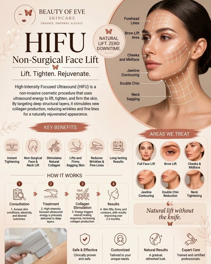 Beauty of Eve Skincare HIFU non-surgical face lift guide showing areas treated