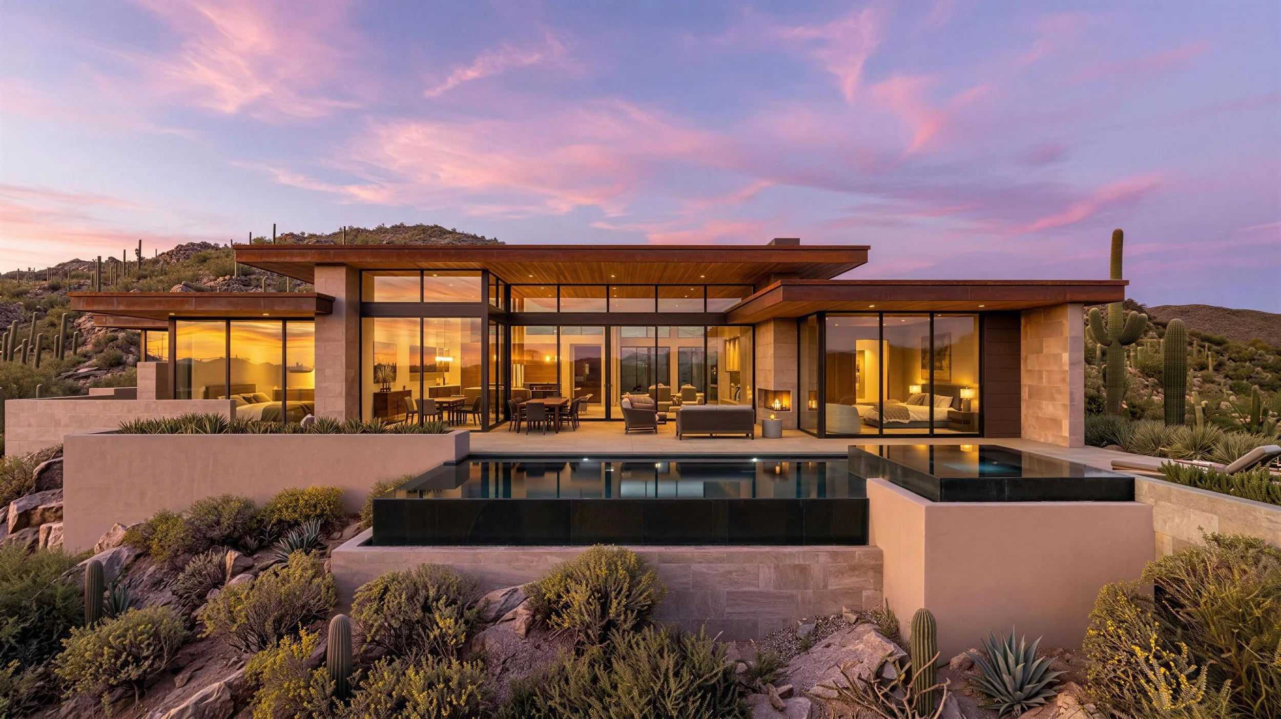 High rear architectural view of the Lot 314 residence with pool at sunset