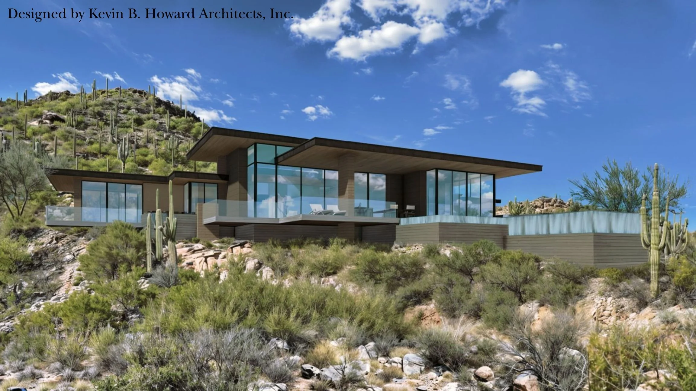 Dove Mountain Canyon Pass Custom Home Build Rendering with modern finish and beautiful windows from an angle with the beautiful mountains