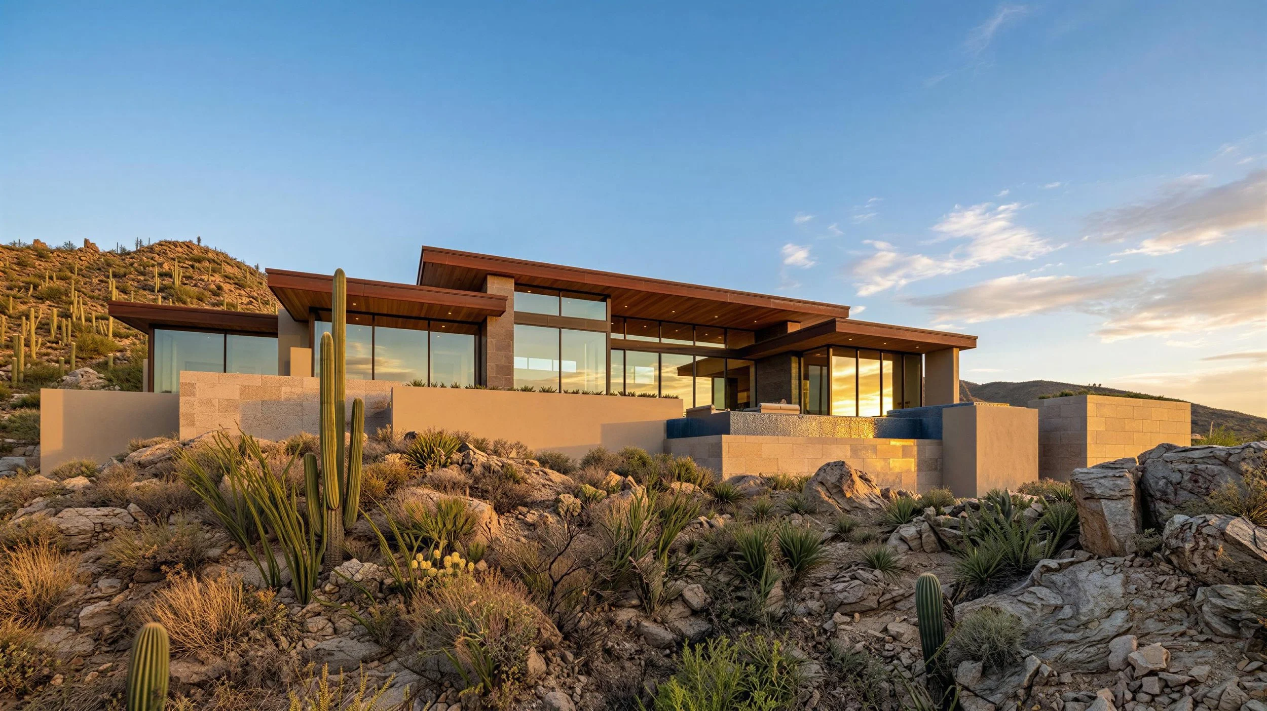 Low rear architectural view of the Lot 314 residence at sunset