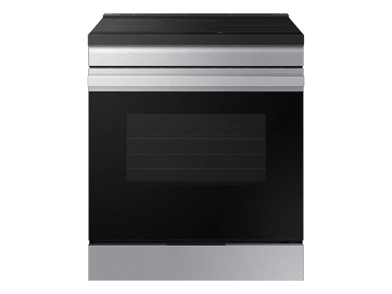 Bespoke NSI6DG9300SRAA 30-inch slide-in induction range with four cooking zones and stainless steel finish.