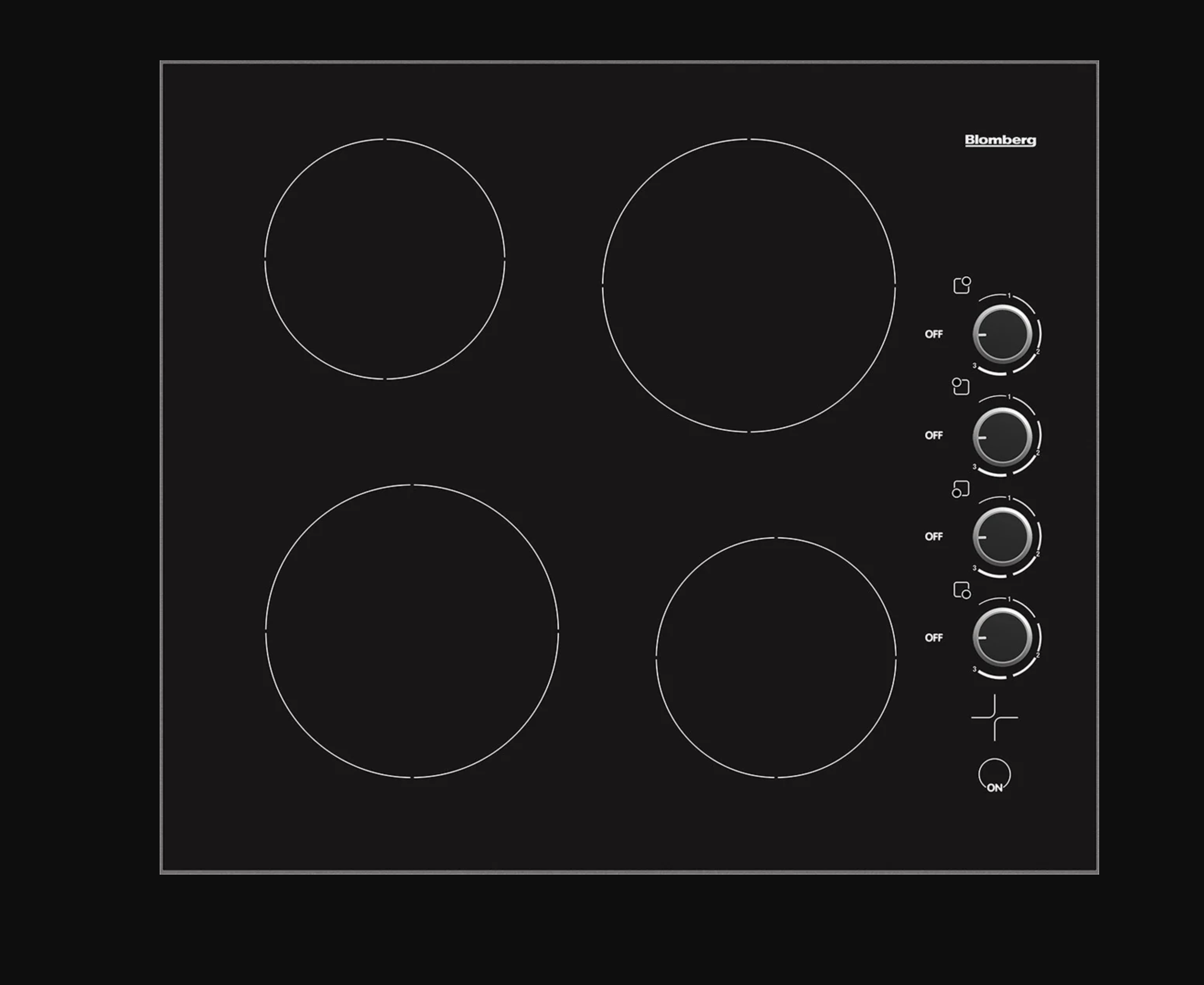 Blomberg CTE24410 24-inch touch control electric cooktop with four vitroceramic cooking zones and stainless steel frame.
