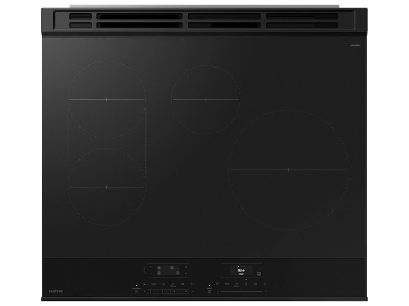 Side profile of Bespoke NSI6DG9300SRAA showcasing sleek stainless steel design and smart cooking features.