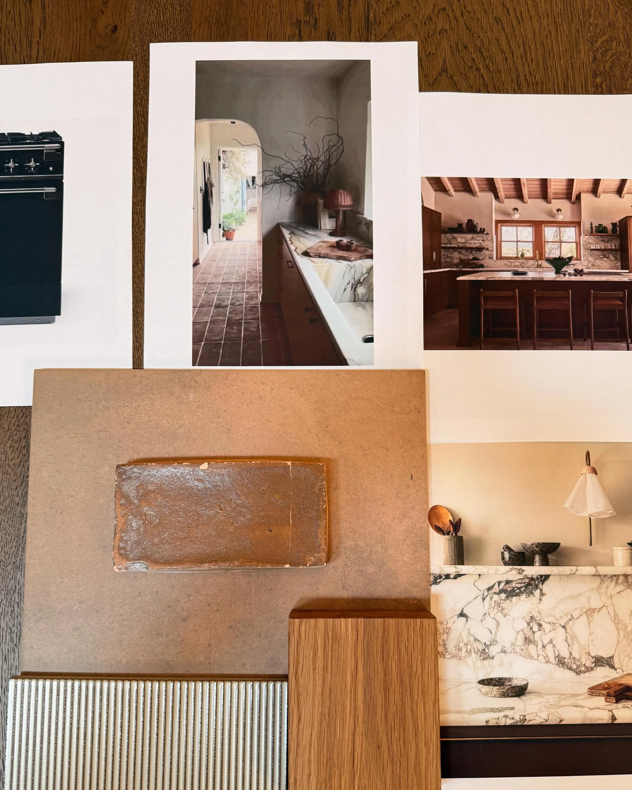 Things are in full swing over here 🏡 Material selections are coming together beautifully for our MacDonald MidCentury project, loving this spread of terracotta, fluted tile, warm oak, and that dreamy veined marble. The details are everything.