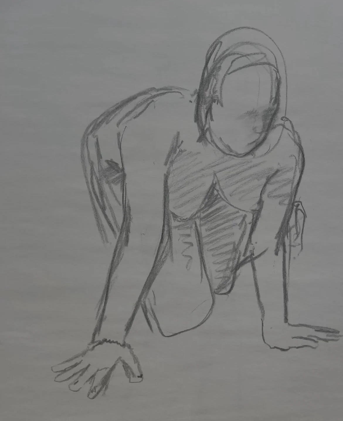 Sketch of a woman kneeling on the ground, with hands placed on the floor, face partially obscured.