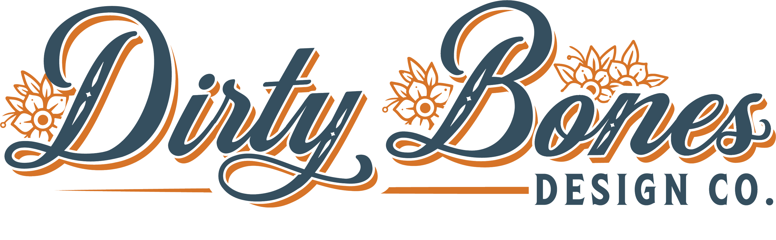 Logo for Duffy Dores Design Co. with ornate floral accents in orange and blue.