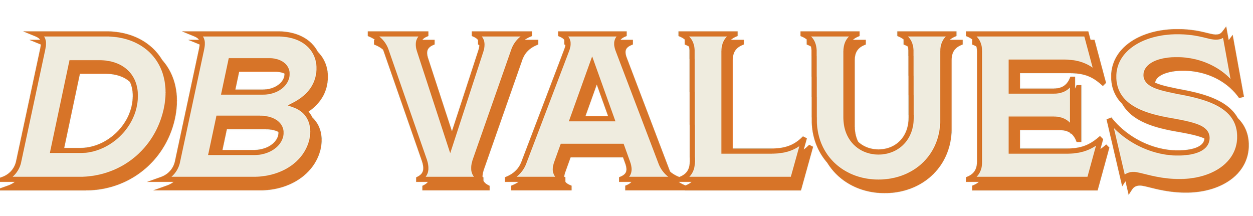 The text reads 'DB VALUES' with a stylized font and orange and cream colors.