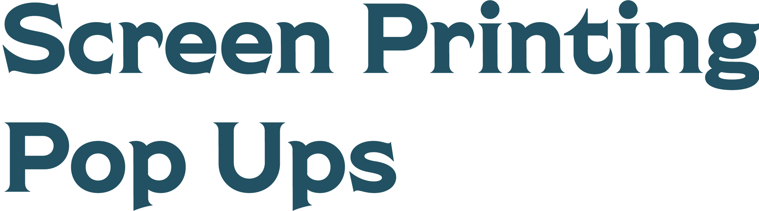 Text graphic with the words 'Screen Printing' in large font, and 'Pop Ups' in a smaller font below it.