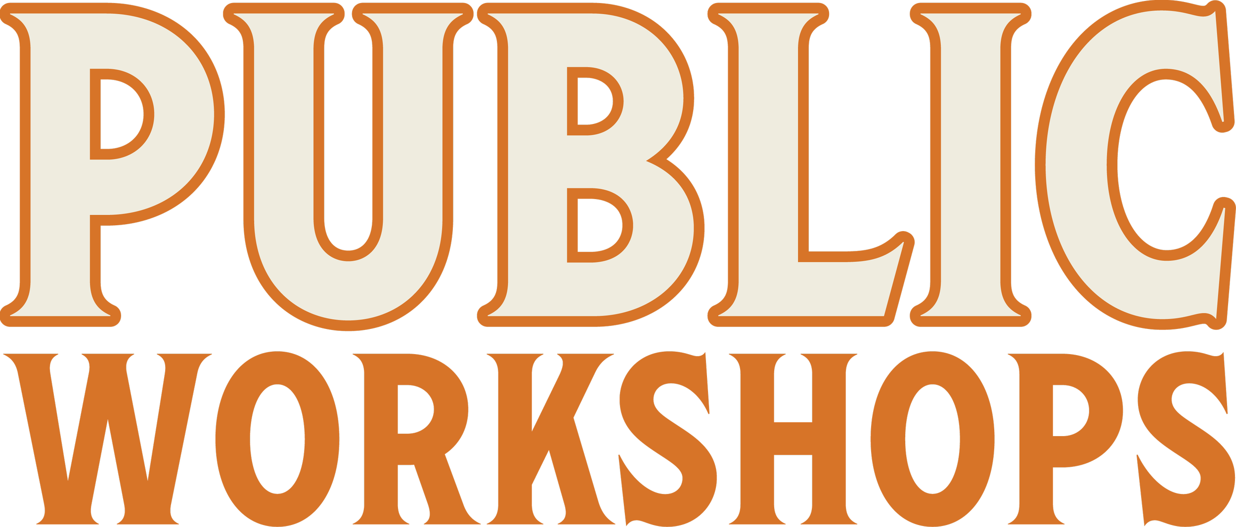 Text logo for 'Publicc Workshops' with large cream-colored and orange-brown lettering.