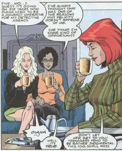 Felicia and Diana hold hands while talking to Mary Jane about their relationship and how Felicity feels about it.