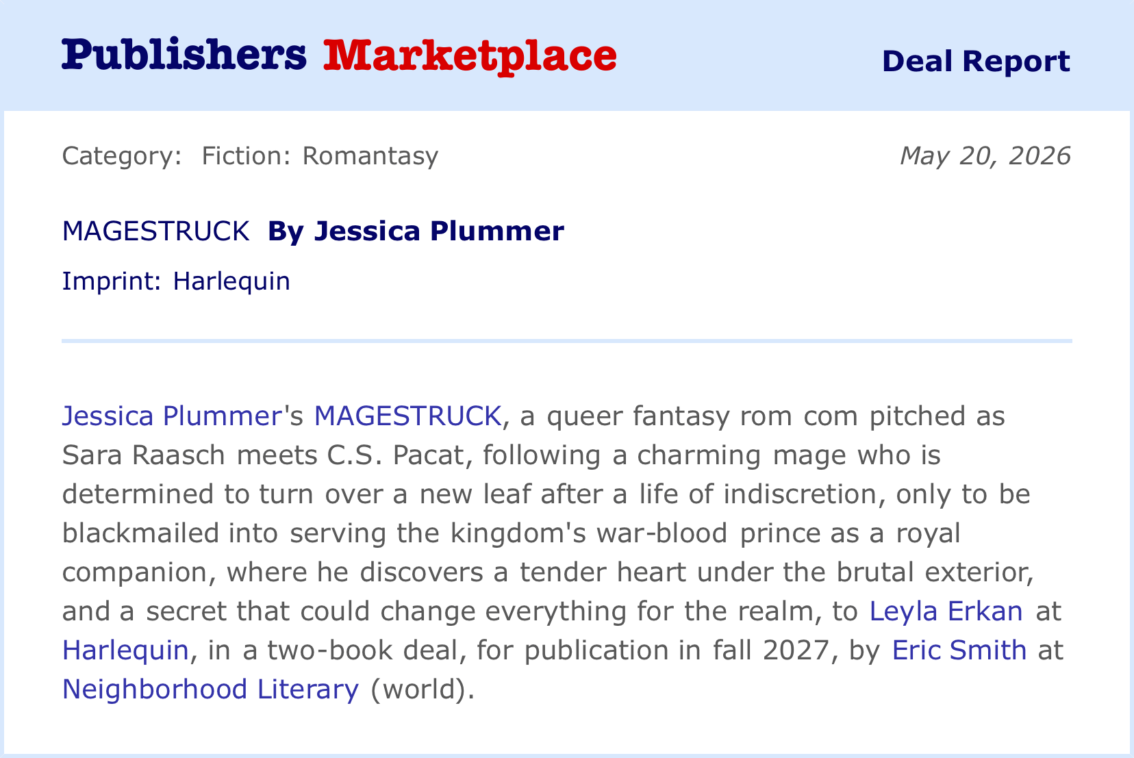 Publishers Marketplace screenshot of Magestruck announcement