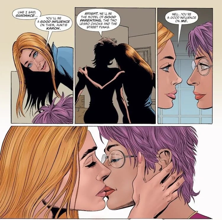 Holly tells Karon she'll be a good influence on the Alleytown kids, then puts an arm around her. Karon jokingly calls them "two lesbo chicks," and they kiss, chastely but very clearly shown as two women kissing on the lips.