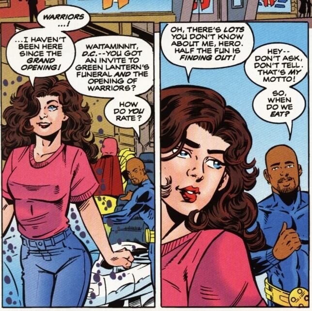 Sparx, a white teen girl, and Hero, a Black teen boy, talk. Sparx says there's a lot Hero doesn't know about her. Hero: "Hey - don't ask, don't tell. That's my motto!"