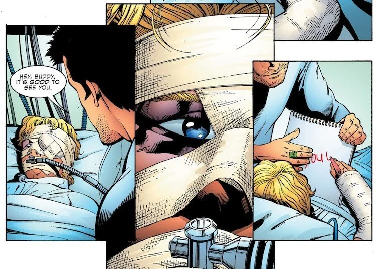Kyle sits by Terry's hospital bed. Terry is awake, but his head is swathed in bandages that cover one eye; he's on an oxygen tube and his arm is in a cast.