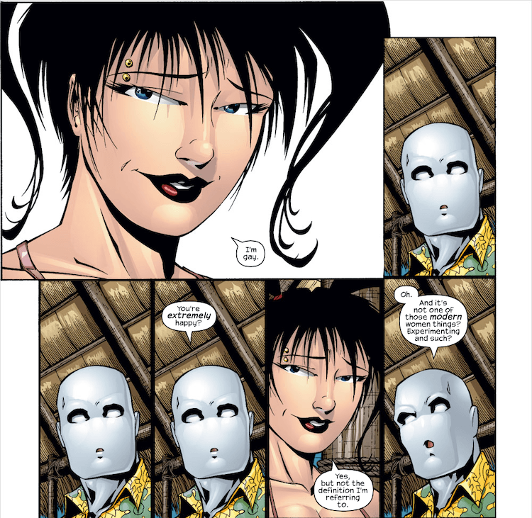 Mariko tells Morph she's gay. Morph stares, then asks if she means happy, or if it's "one of those modern women things? Experimenting and such?"