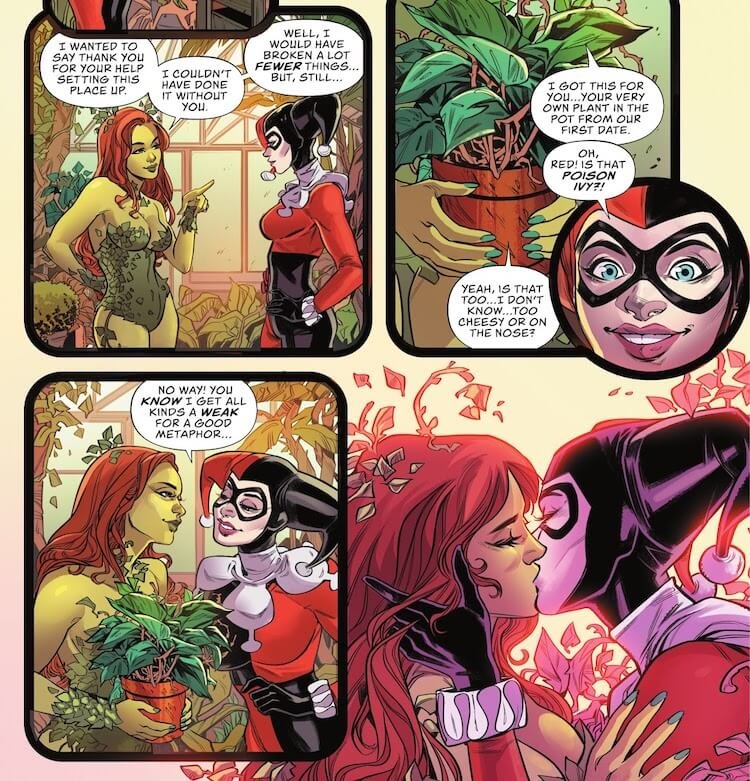Harley and Ivy stand in a greenhouse. Ivy gifts Harley a plant with a reference to their first date, and they kiss.