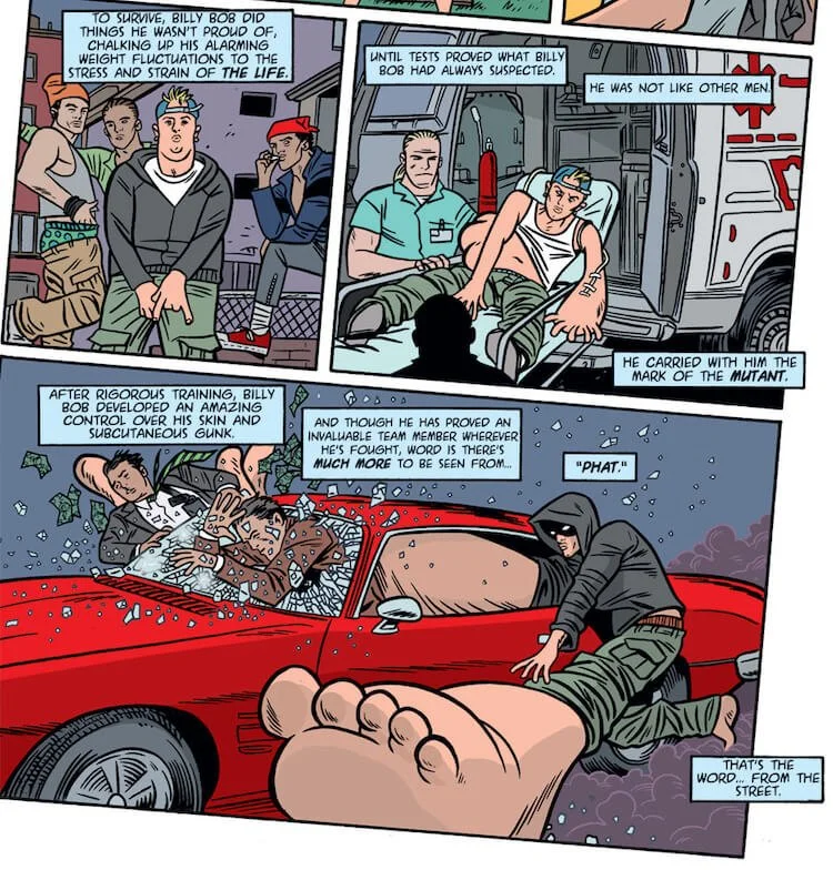 Phat, a white boy in a hoodie, a backwards baseball cap, and baggy pants, is shown throwing up gang signs, being lifted into an ambulance, and stopping a getaway car. Different parts of his body are slightly to enormously swollen in each panel.