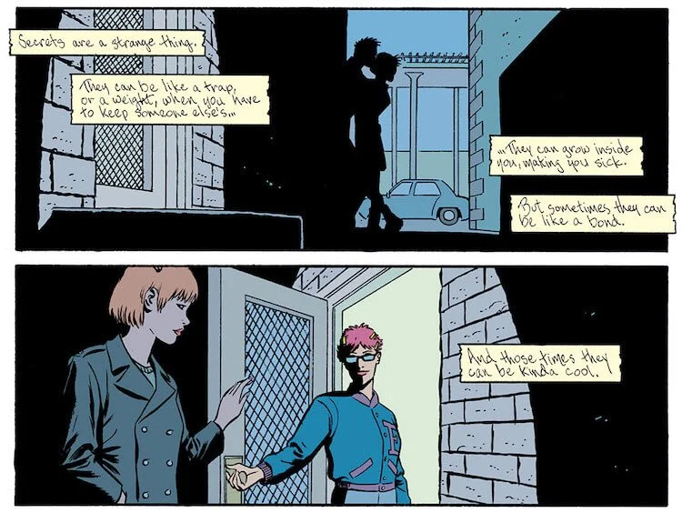 Holly and Karon kiss in silhouette, then part as Karon enters a building. Holly's narration says shared secrets can be a bond.