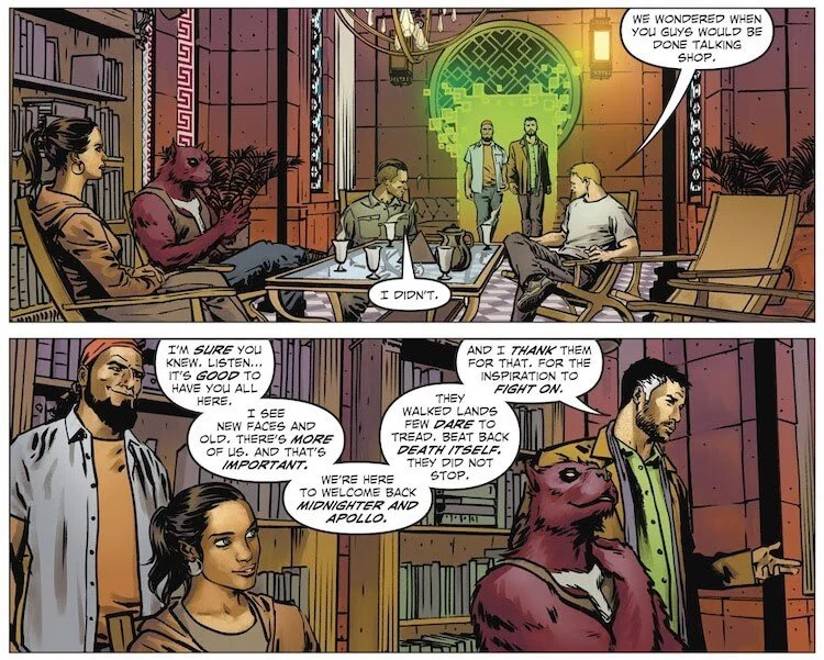 Two panels of Midnighter and Apollo in civilian clothes at a casual gathering with friends, including Extrano and Tasmanian Devil.
