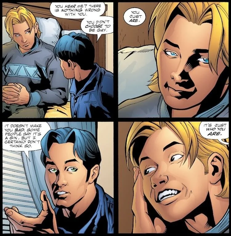 Kyle tells Terry there's nothing wrong with him, that being gay isn't a sin, and that it's just who he is. Terry doesn't speak, but his reaction panels show his smile growing.