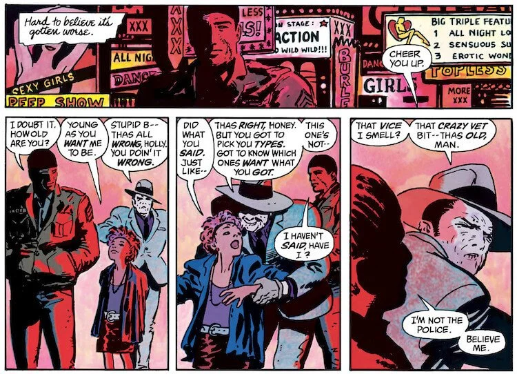 A very young Holly approaches a young Bruce Wayne and offers to "cheer him up." Bruce asks how old she is and Holly's pimp accuses him of being an undercover cop.
