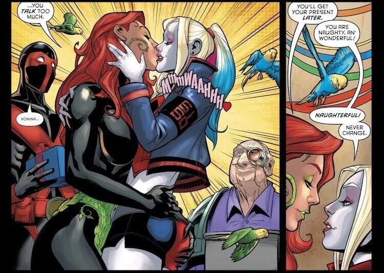 Ivy kisses Harley. Their lips are drawn strangely so that they don't quite meet, making it ambiguous whether the kiss is on the cheek or the mouth.