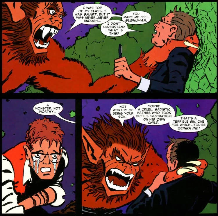 The monstrous ersatz Vivisector holds Myles's father by the throat and berates him for his poor parenting while the real Myles watches, in tears.