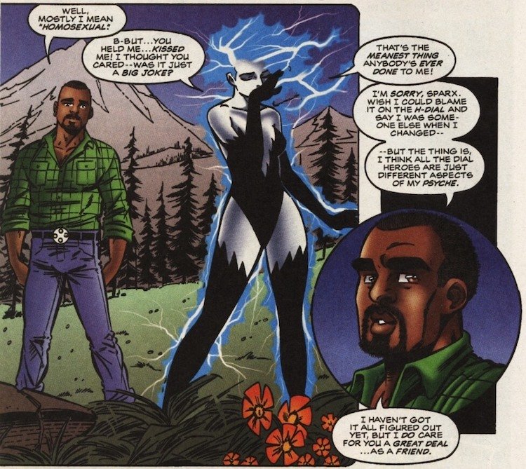 A weeping Sparx asks if Hero kissing her was just a joke: "That's the meanest thing anybody's ever done to me!" Hero says he doesn't know how the different Dial heroes work but that he cares for her deeply as a friend.