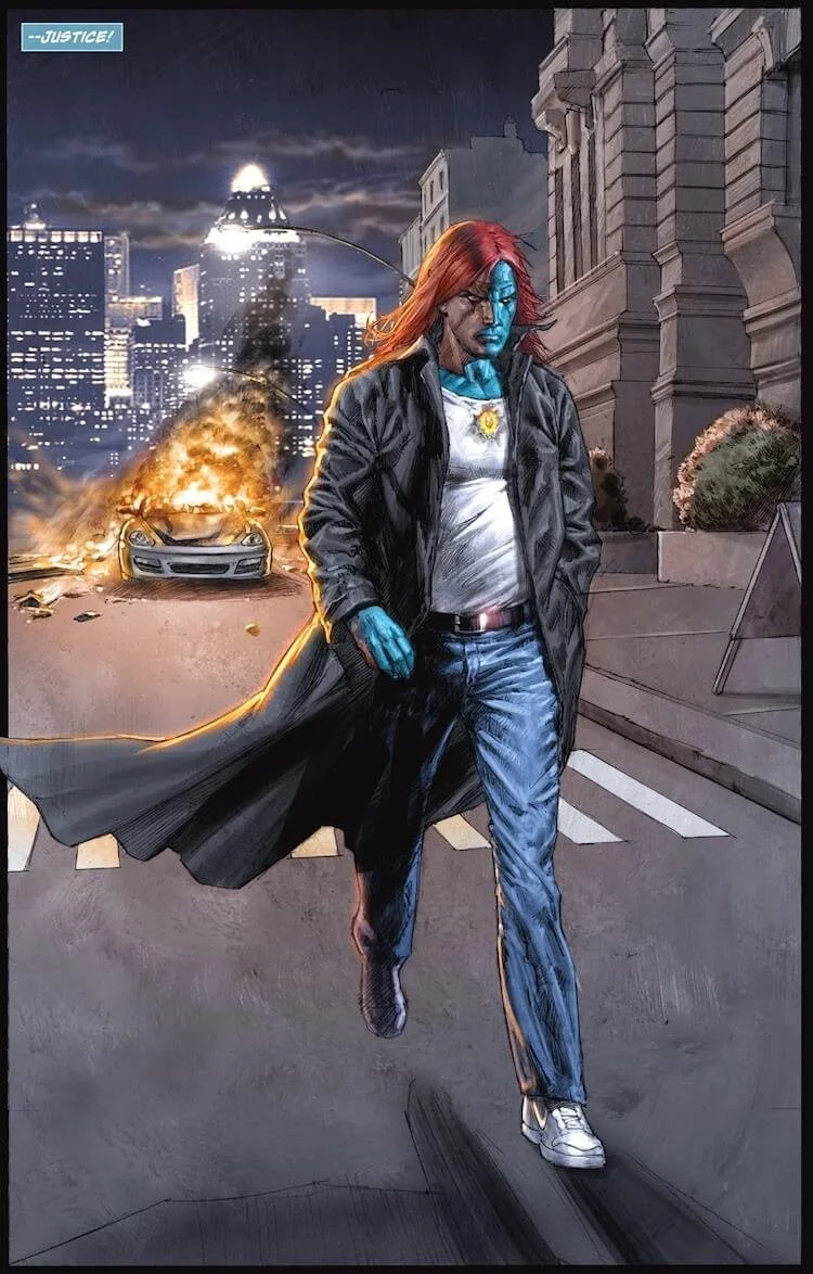 Mikaal, wearing a trenchcoat, stalks angrily down a city street at night. There is a car on fire behind him. A tiny narration box at the top of the page says "Justice!"