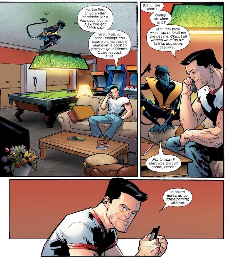 Peter talks on the phone to Jean-Paul, then hangs up and tells Nightcrawler that Jean-Paul asked him to Homecoming.