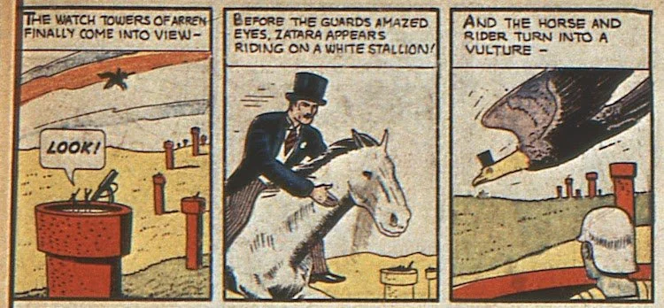 Zatara rides a flying horse to Arren, then turns himself and horse into a giant, top-hatted vulture "before the guards' amazed eyes."