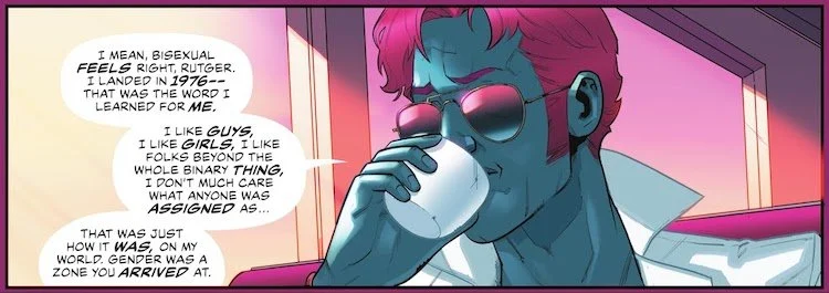 Mikaal sits in a diner sipping coffee. He says: "Bisexual feels right...I landed in 1976—that was the word I learned for me. I like guys, I like girls, I like folks beyond the whole binary thing."