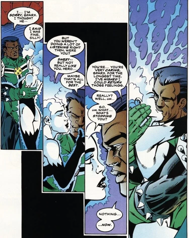 Hero, in his muscular Titanic form, embraces Sparx. "You're...you're very caring, Sparx. For the longest time, I've wished I could return those feelings." "What's stopping you?" she asks. "Nothing...now," he says, and they kiss.