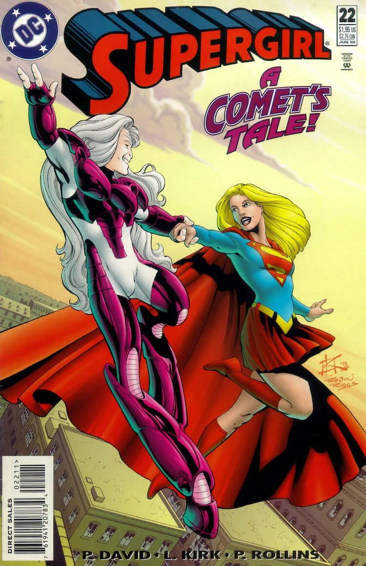 The cover of Supergirl #22, showing Supergirl and Comet flying hand in hand. Comet is a horselike man with long white hair and a magenta and white costume.